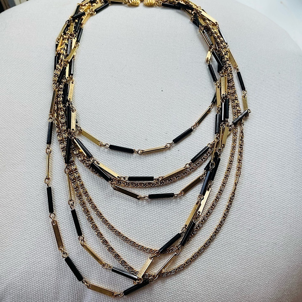 Coro Vintage Multi Layered Costume Jewelry Statement Necklace Gold Tone Black